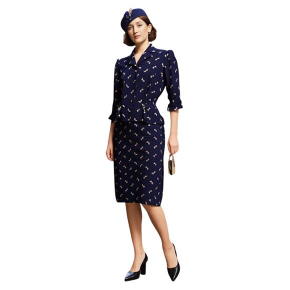 Vintage Handmade 60s 2 Piece Navy Cream Print Dress & Peplum Blazer Size M - Picture 1 of 17